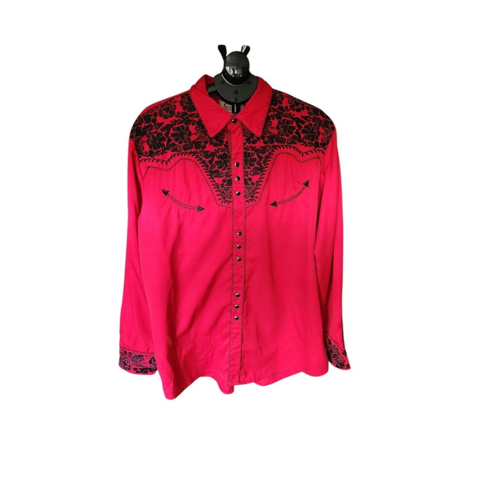 Scully Floral Embroidered Western Snap Front Shirt Mens XL Red Cowboy Rodeo
